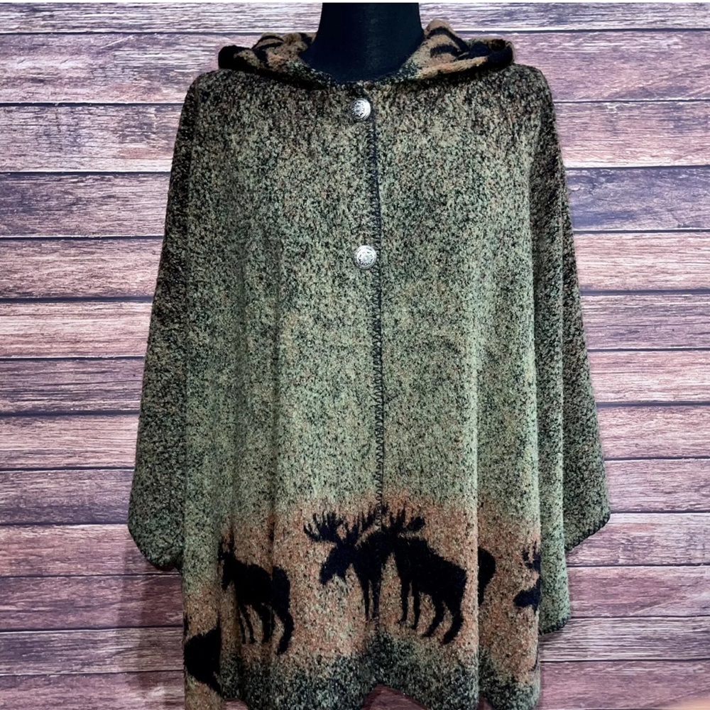 Bear Ridge Outfitters Wool Hooded Poncho Vintage XL 2X Moose Green Brown Sweater